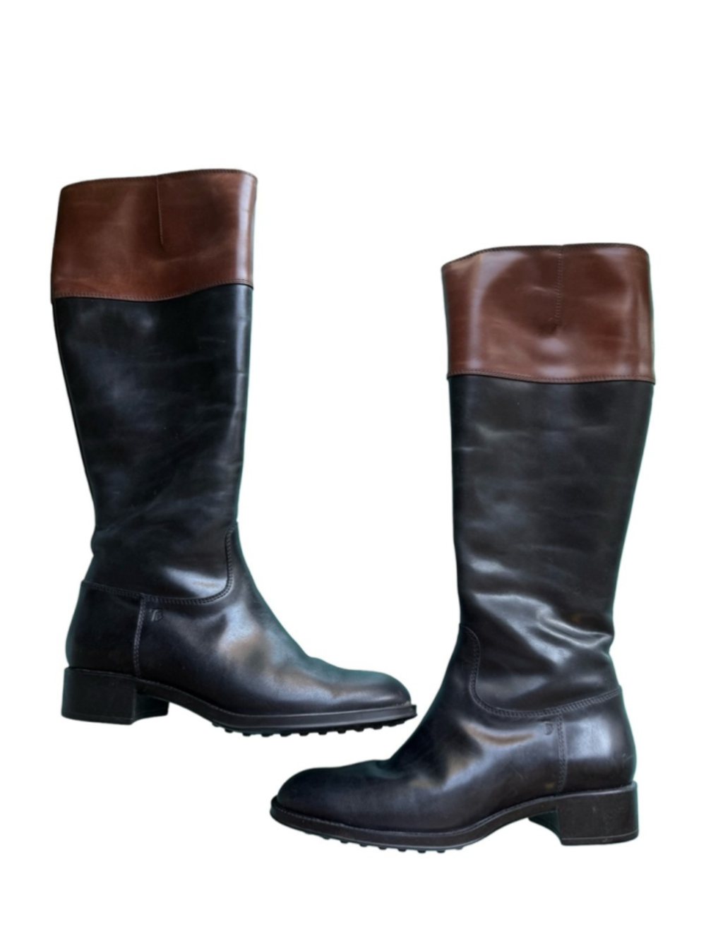 Tod’s Progetto Gomma Two Tone Leather Knee High Riding Boots Black Brown Size 36 - Picture 2 of 14
